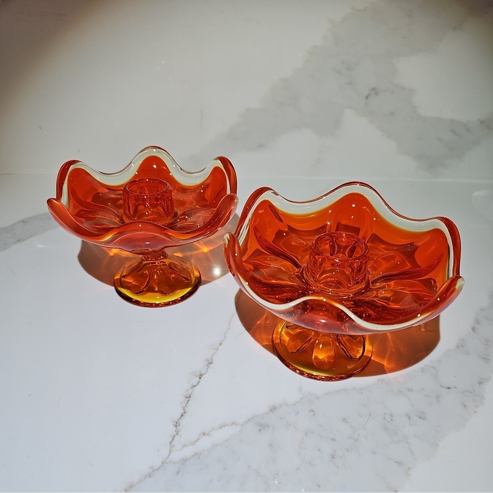 Vintage Viking Glass Orange Candleholders A101